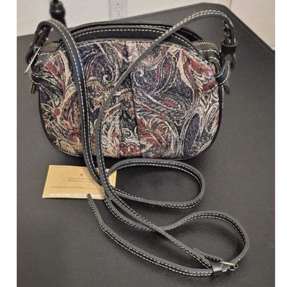 Patricia Nash Feather Paisley Italian Leather Tapestry Crossbody Boho Y2K